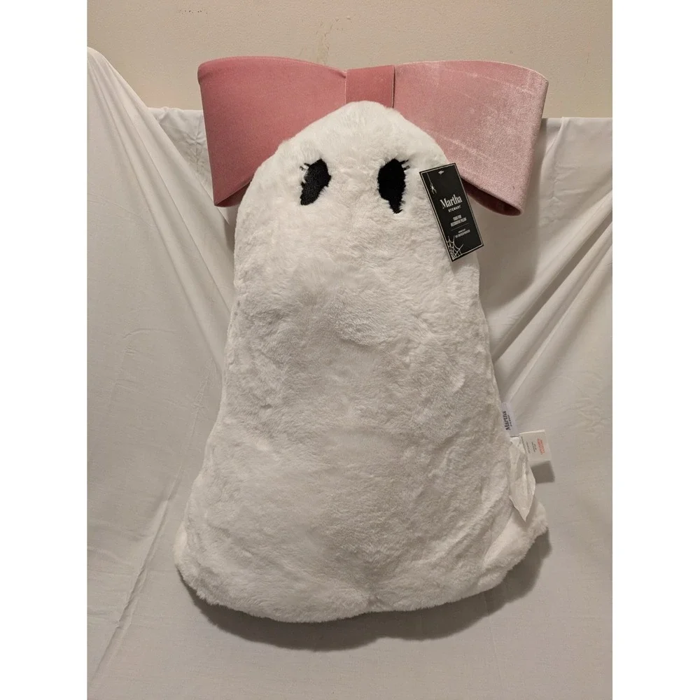 Summerween Martha Stewart Faux Fur Ghost Pillow with Pink Bow Decor‎ Brand New